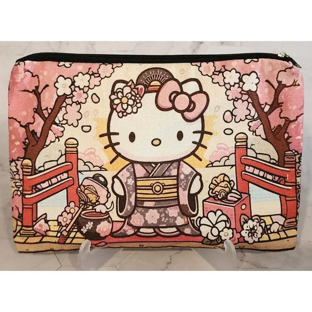Hello Kitty Geisha Girl Japanese Garden Unlined Fabric Canvas Makeup Utility Bag